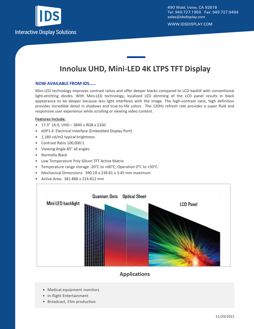 Innolux UHD, Mini-LED 4K LTPS TFT Display
